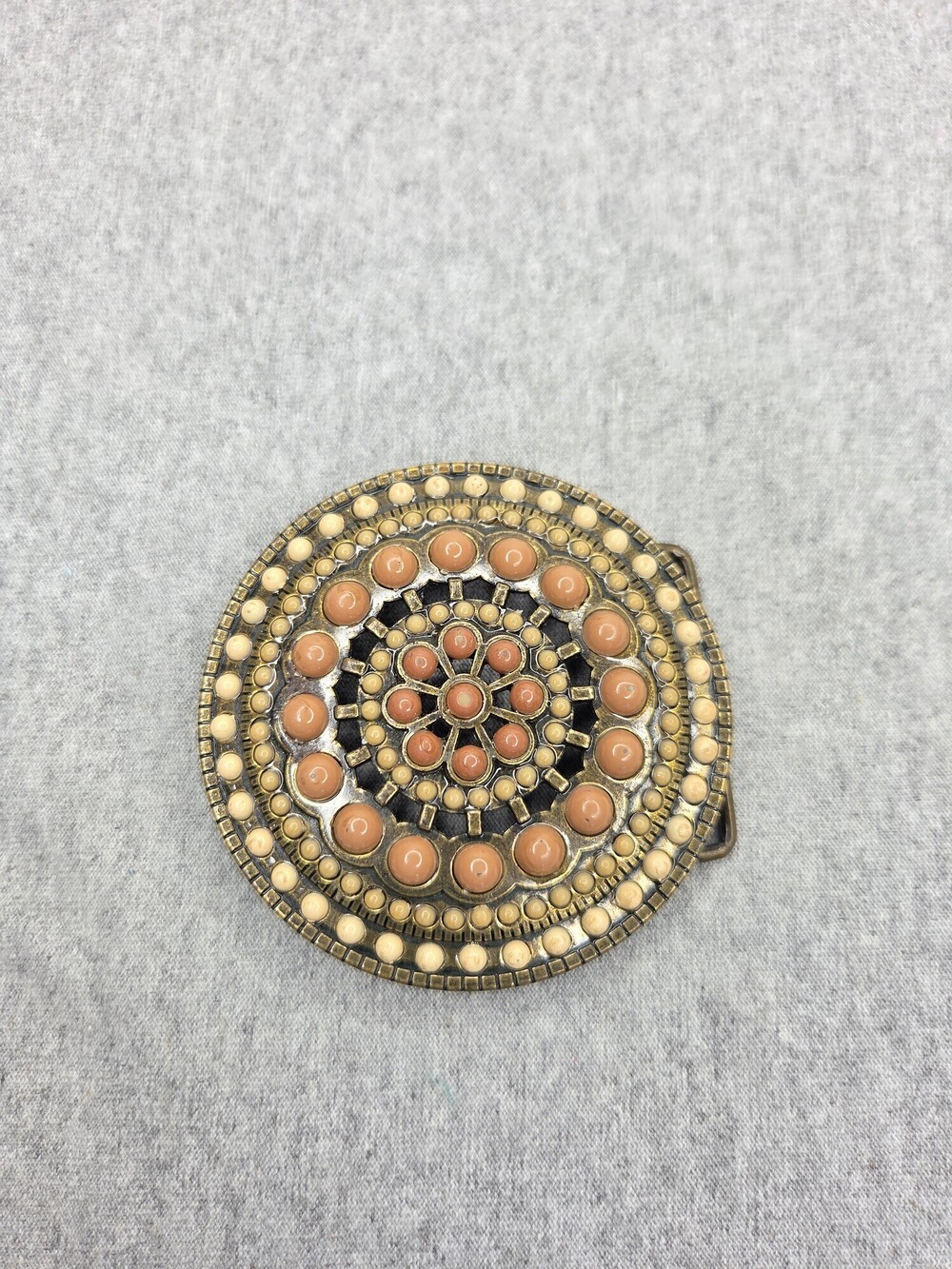 Vintage Bohemian Belt Buckle Bronze Tone Peach Ivory Bead Rounds Womens